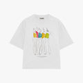 White t-shirt with colorful graphic design on a white background