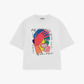 White t-shirt with colorful graphic design and 'Palm Angels' branding on a white background