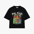 Black t-shirt with colorful graphic and 'Palmika' branding on a white background