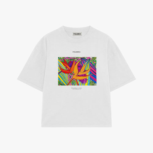 White t-shirt with colorful graphic design and brand logo on a white background